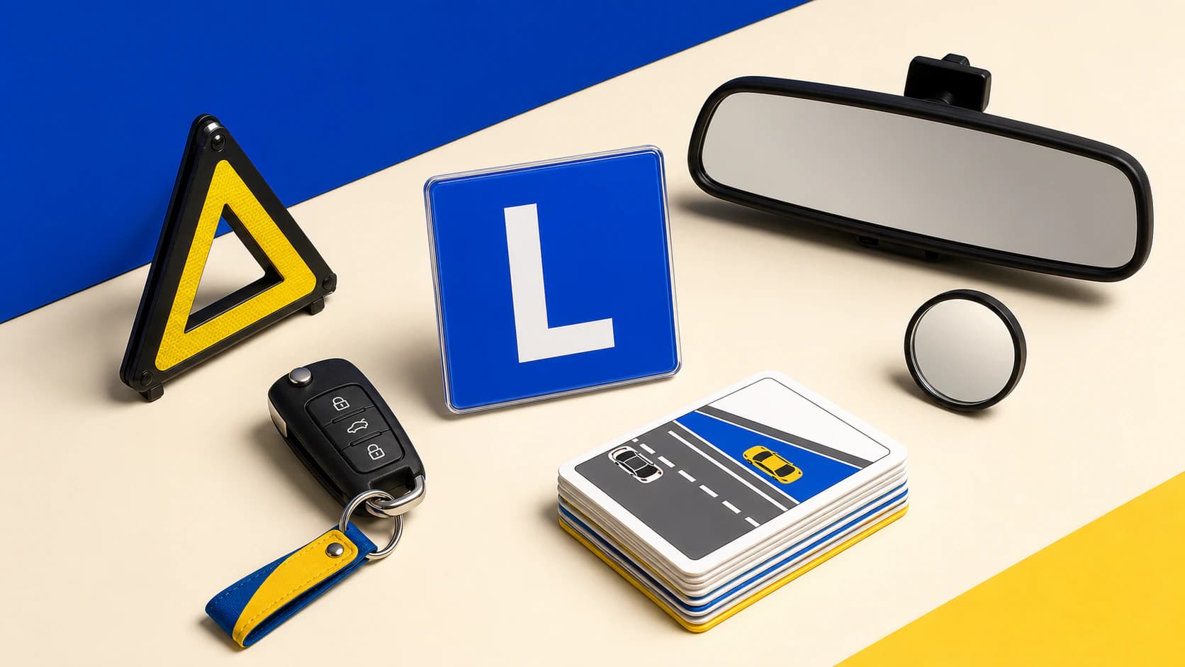 Rijlesbenodigdheden met autosleutels, L-bord, spiegels en verkeersveiligheidsmateriaal