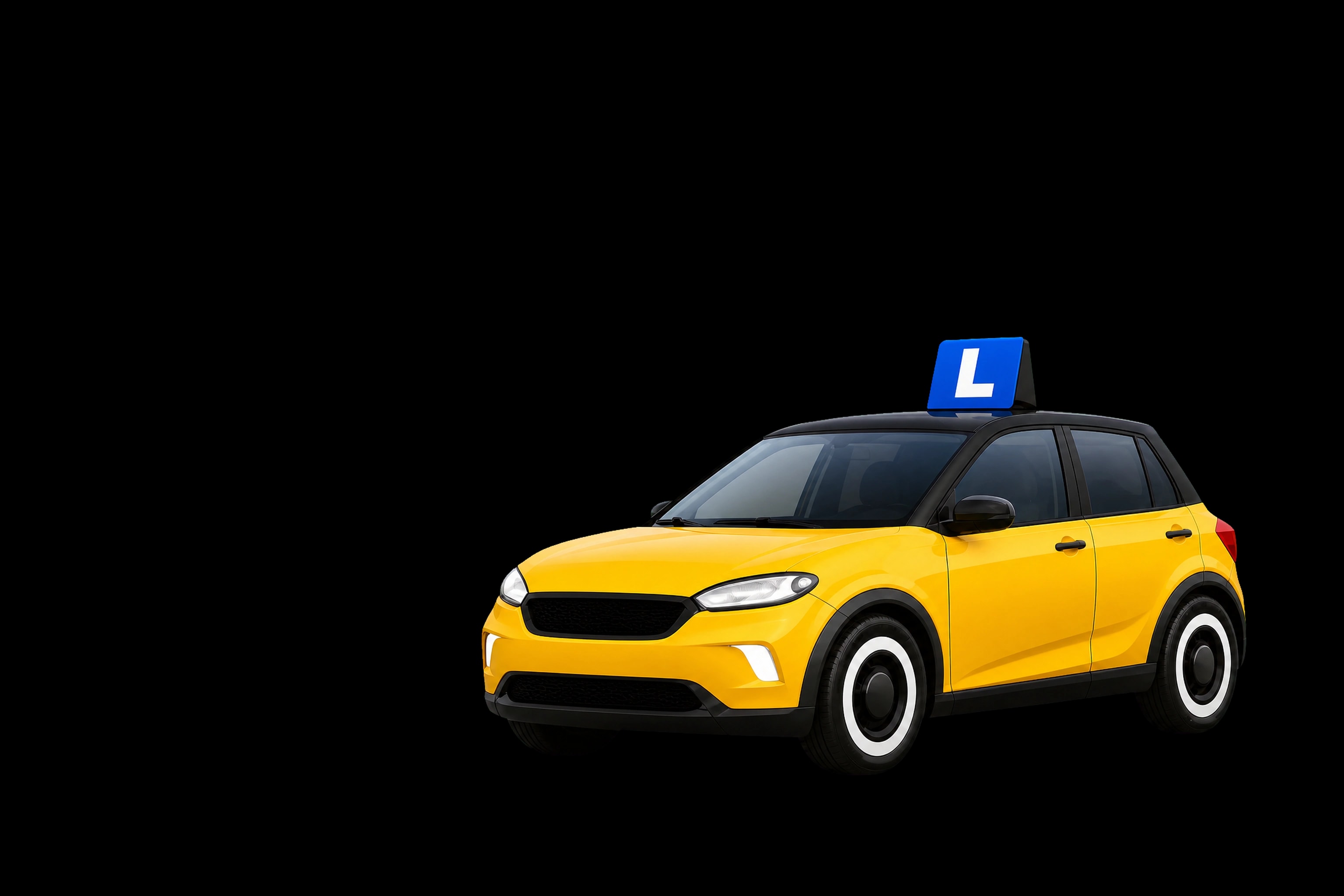 Gele Rijschool Loki lesauto op een weg met blauwe rijrichtingmarkering